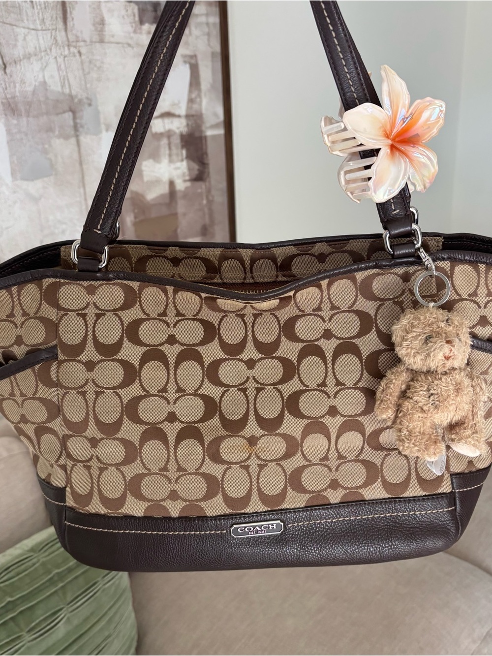 Coach Park Signature Carrie Tote in khaki and brown monogram jacquard canvas, fe
